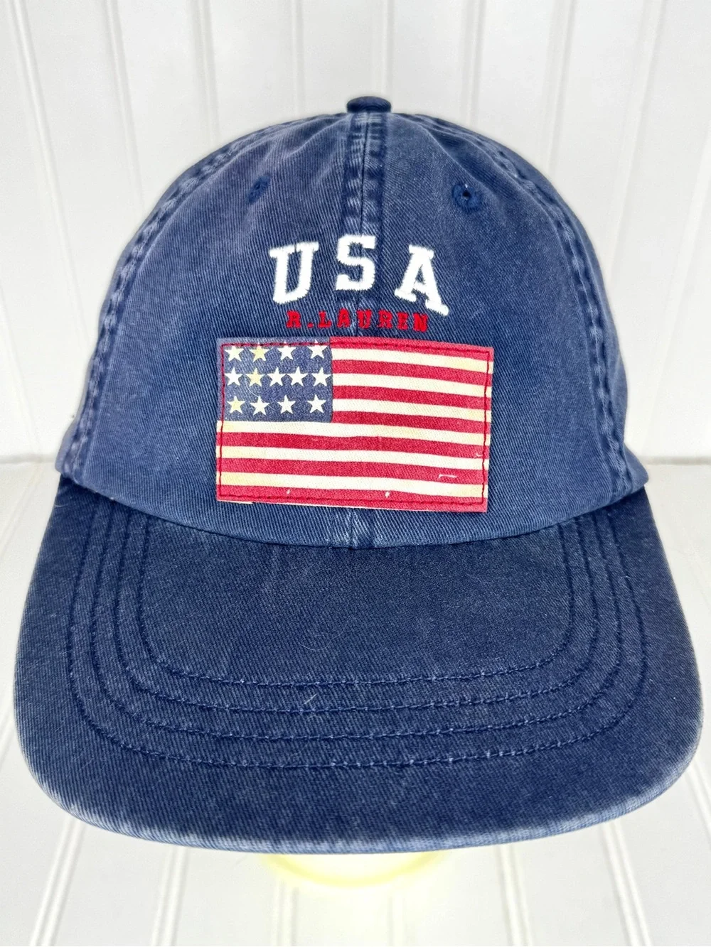 Vintage Polo Ralph Lauren Hat Blue Flag USA Baseball Cap 1990s Strapback Faded